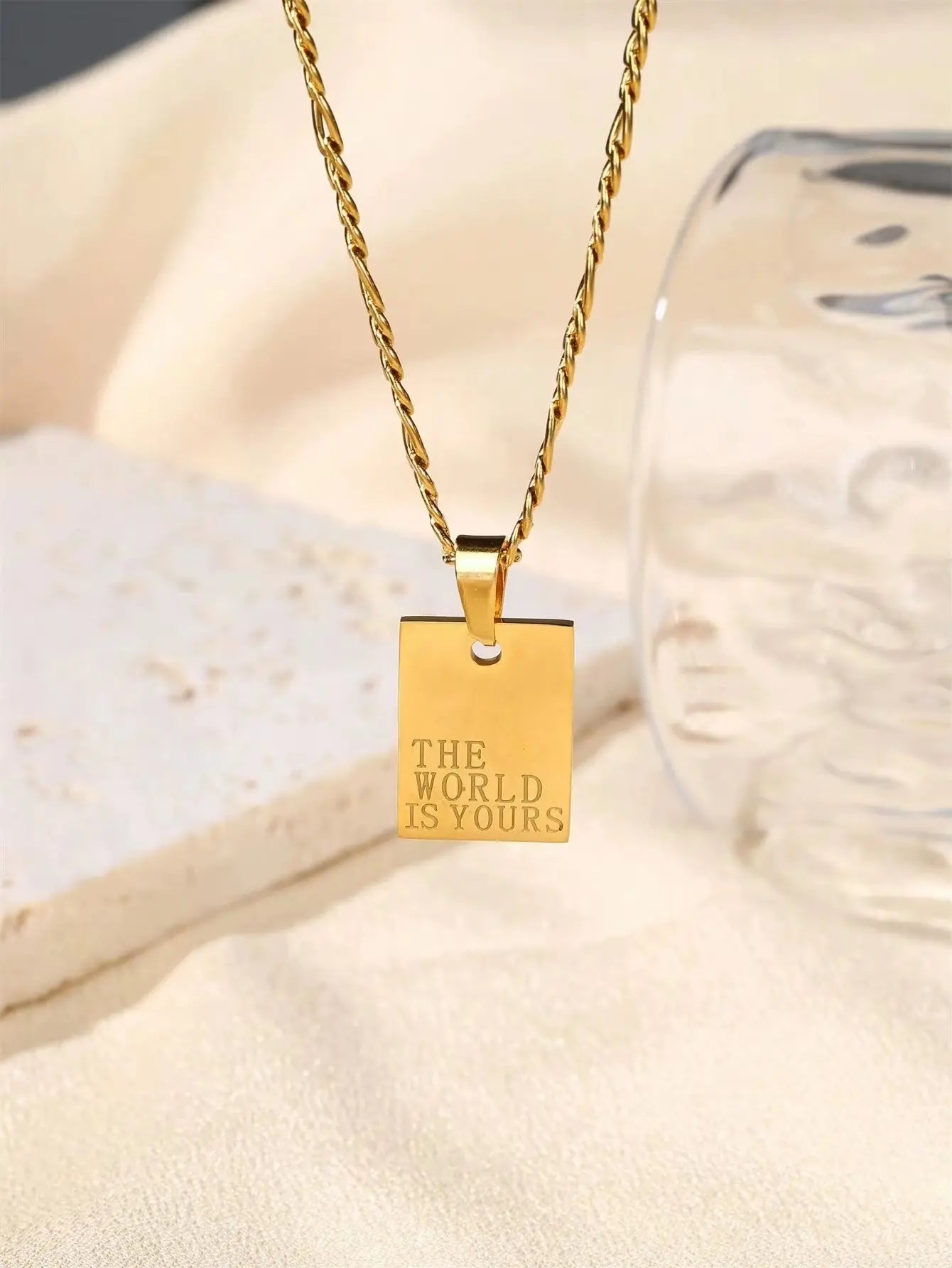 Wholesale Stainless Steel 18K Gold Plated the World Is Yours Engraved Square Necklace