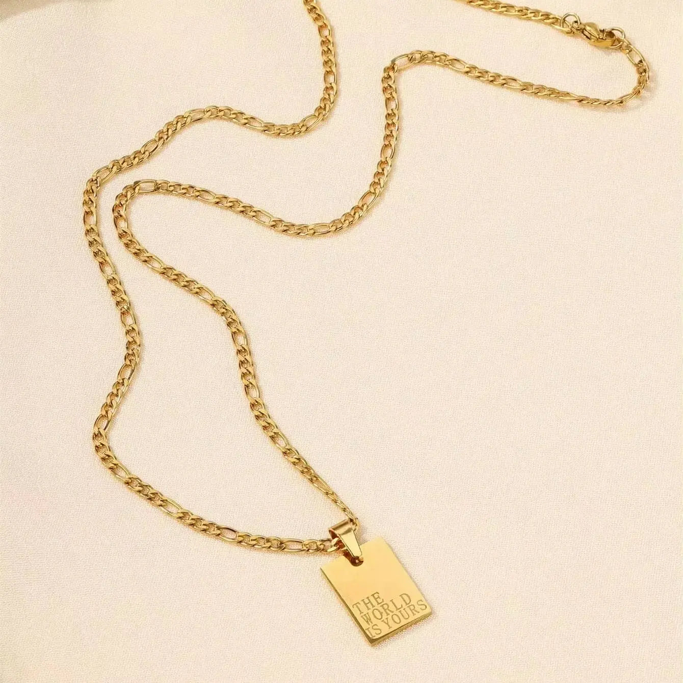 Wholesale Stainless Steel 18K Gold Plated the World Is Yours Engraved Square Necklace