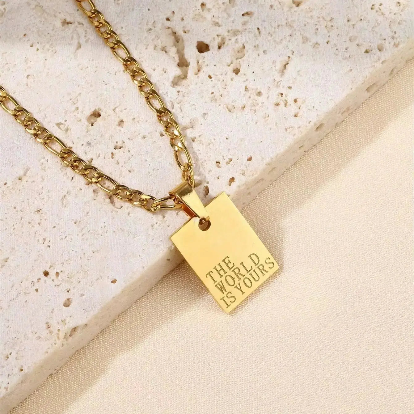 Wholesale Stainless Steel 18K Gold Plated the World Is Yours Engraved Square Necklace