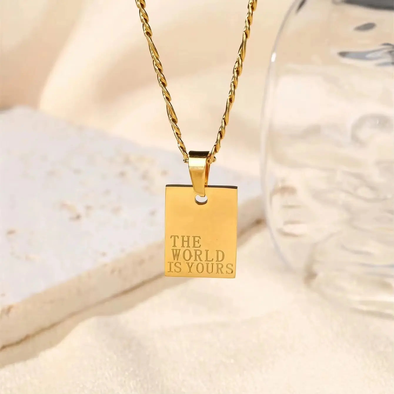 Wholesale Stainless Steel 18K Gold Plated the World Is Yours Engraved Square Necklace