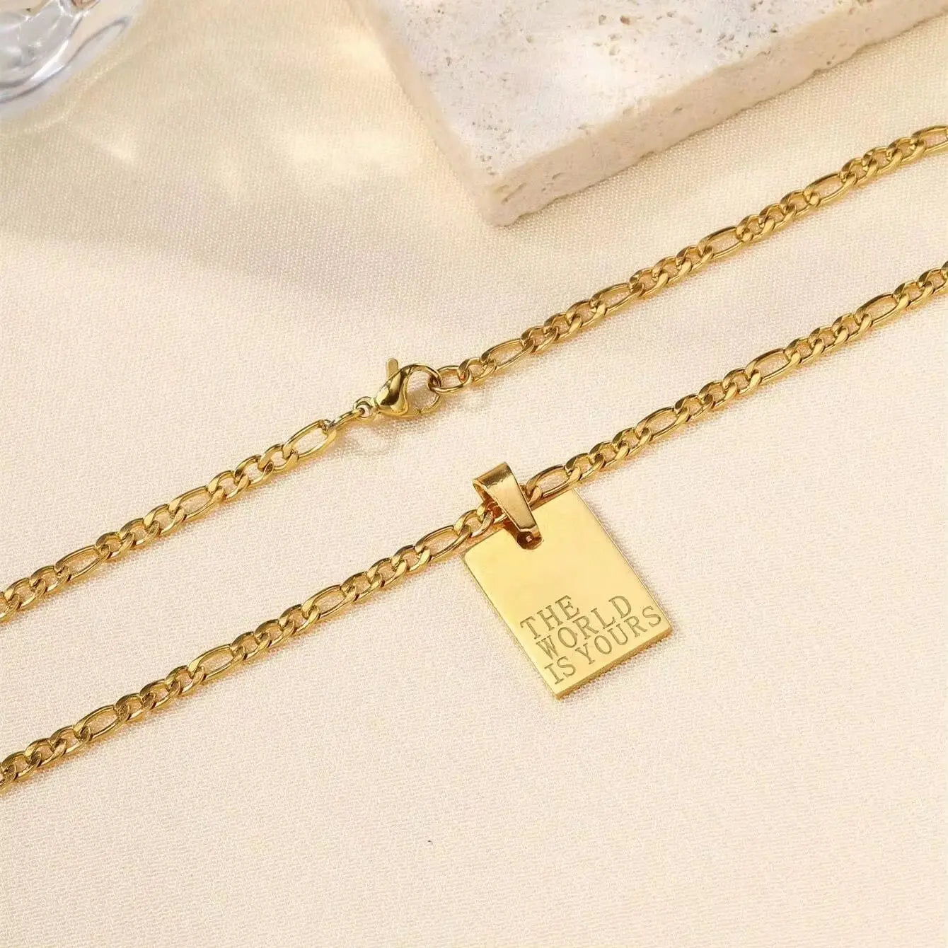 Wholesale Stainless Steel 18K Gold Plated the World Is Yours Engraved Square Necklace