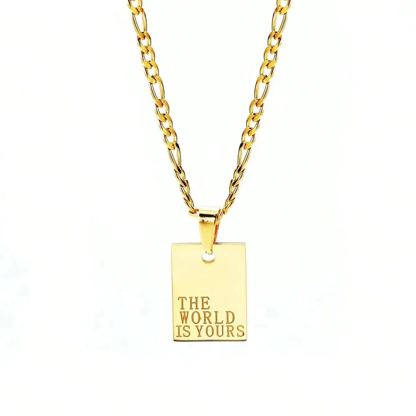 Wholesale Stainless Steel 18K Gold Plated the World Is Yours Engraved Square Necklace